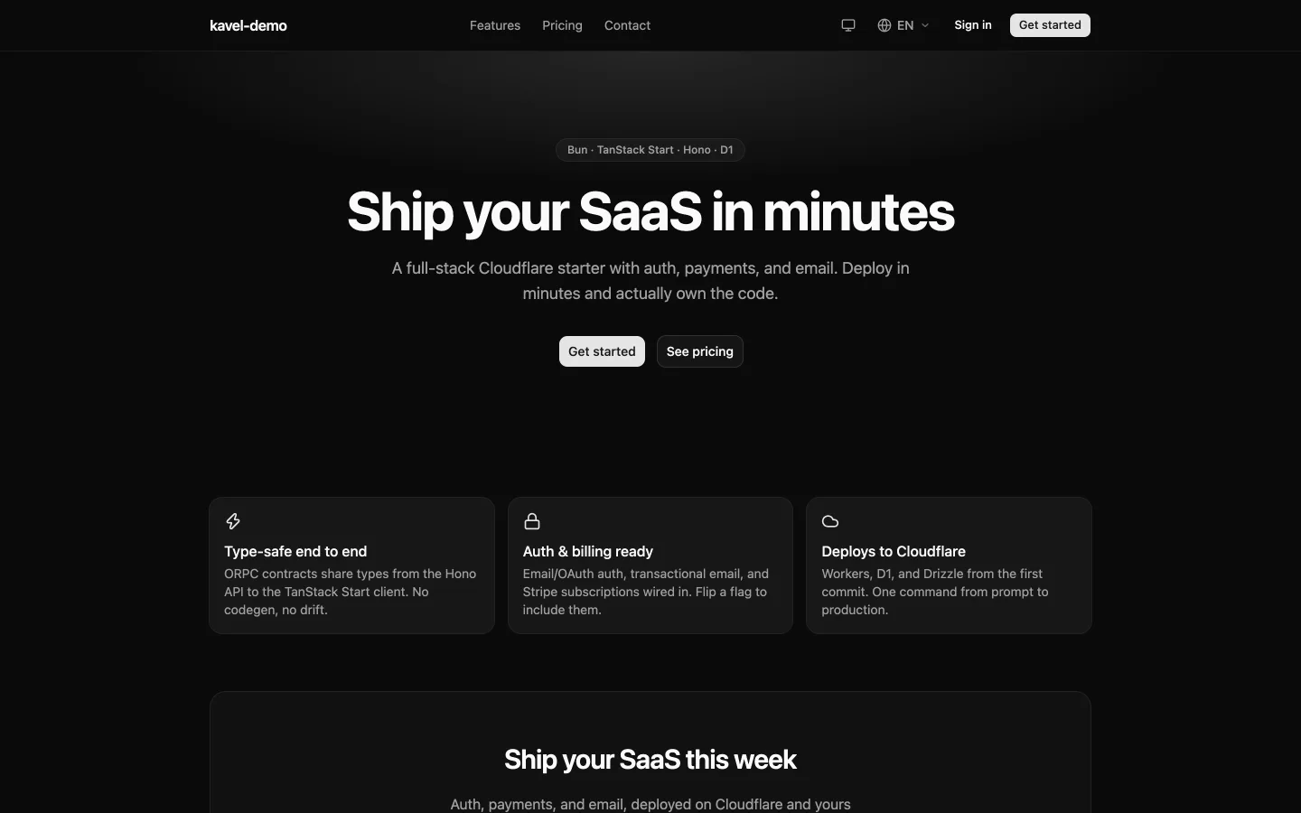 The same scaffolded landing page in dark mode