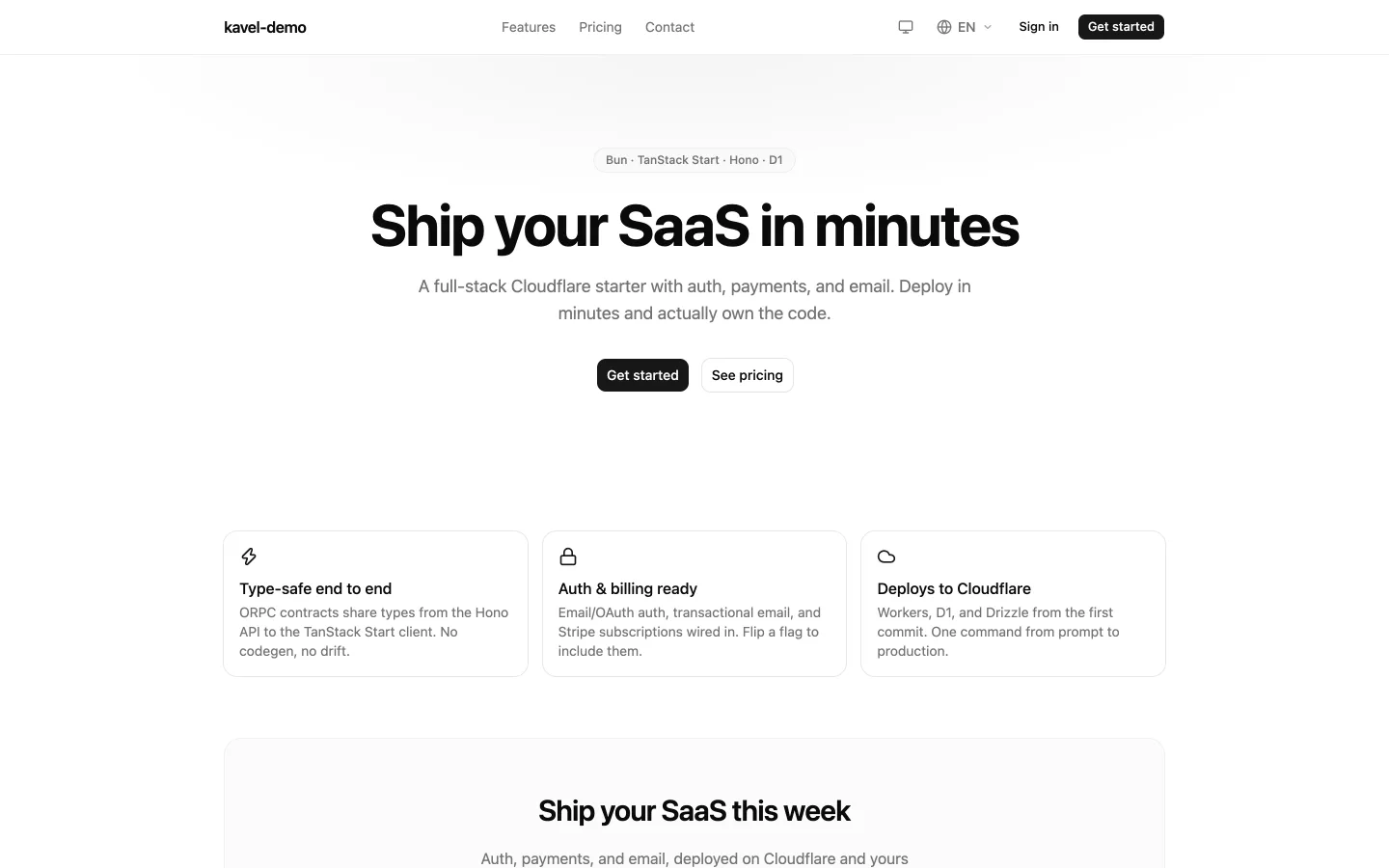 The scaffolded landing page in light mode, with a hero, feature cards, and a call to action