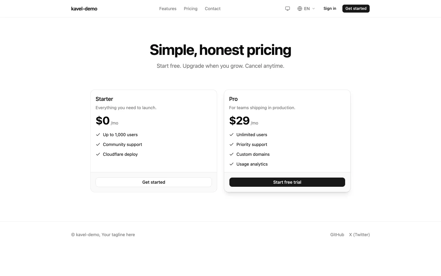 The scaffolded pricing page with a free plan and a paid plan