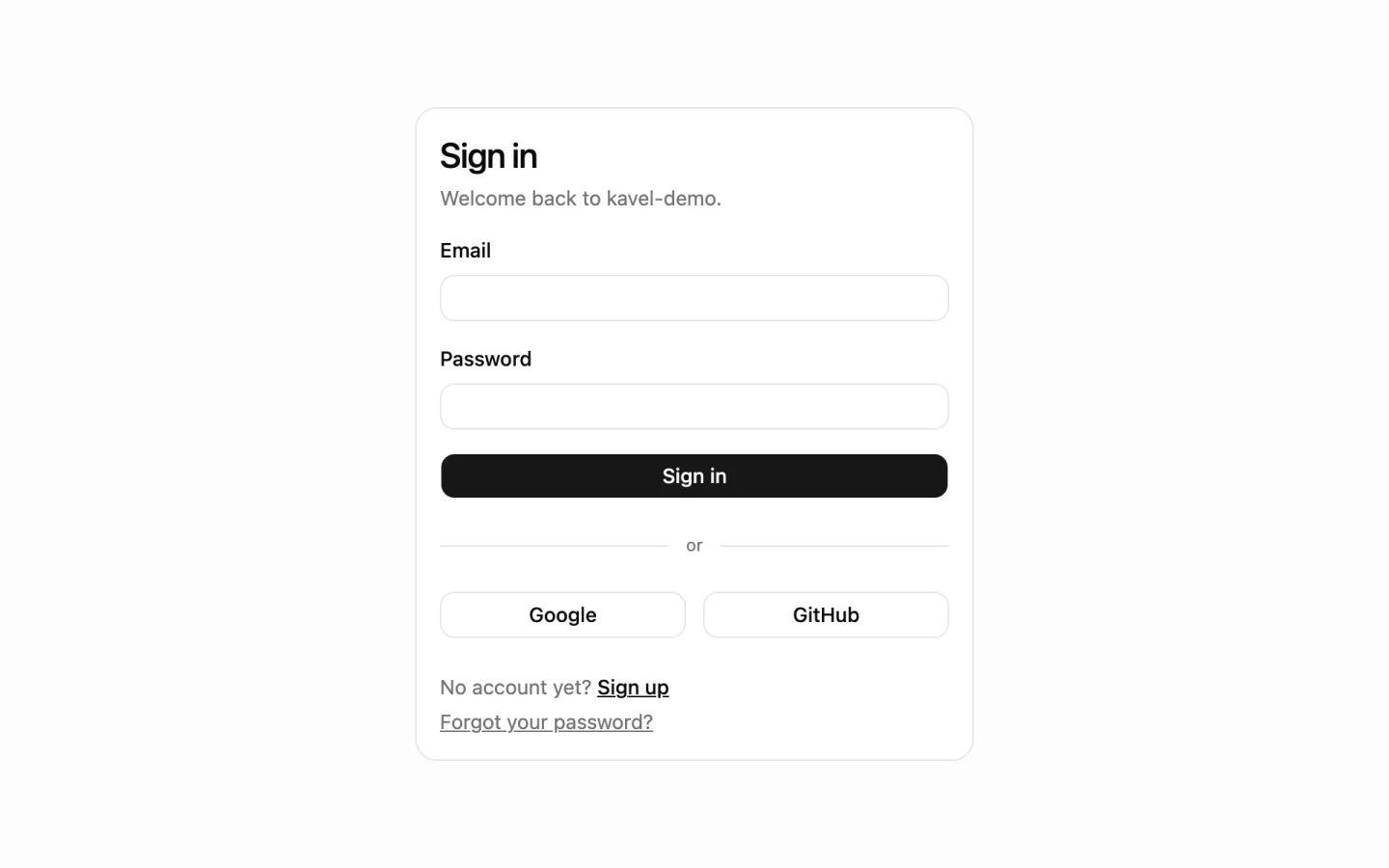 The scaffolded sign-in card with email and password fields and Google and GitHub buttons